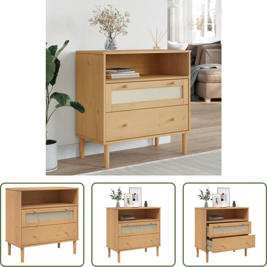 The Living Store Dressoir SENJA rattan-look 80x40x80 cm massief grenenhout bruin Dressoir Kast Opbergmeubels Granenhouten Meubilair Vintage Design