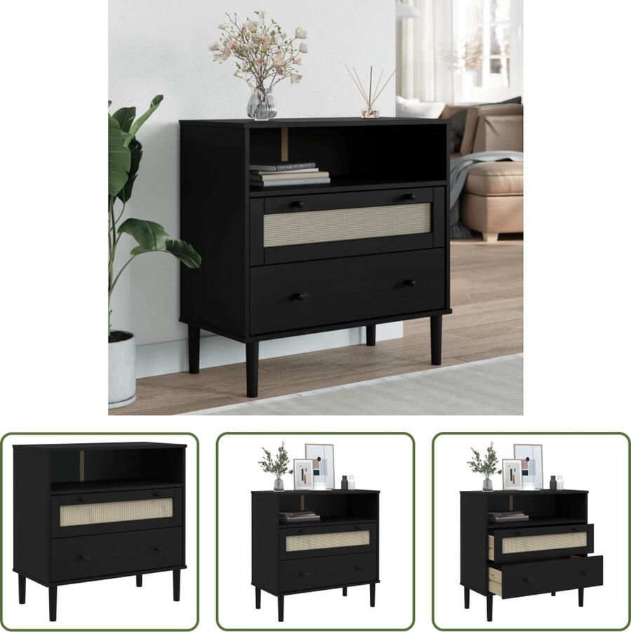 The Living Store Dressoir SENJA rattan-look 80x40x80 cm massief grenenhout zwart Dressoir Opbergkast Salontafel Livingroom Furniture Vintage Design