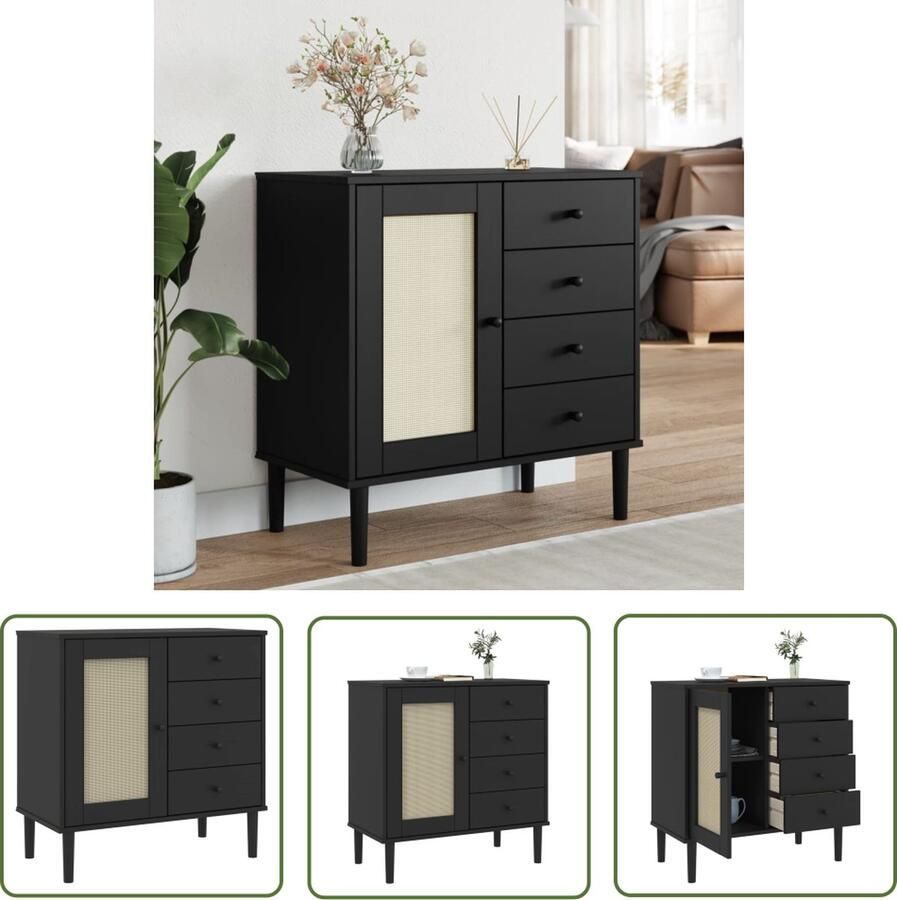 The Living Store SENJA dressoir zwart 80x40x80cm massief grenenhout met uv-vernis en poly rattan
