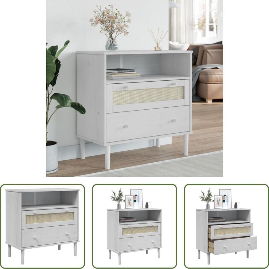The Living Store Dressoir SENJA rattan-look 80x40x80 cm massief grenenhout wit Dressoir Meubel Grenenhout Vintage Landelijk Interieur