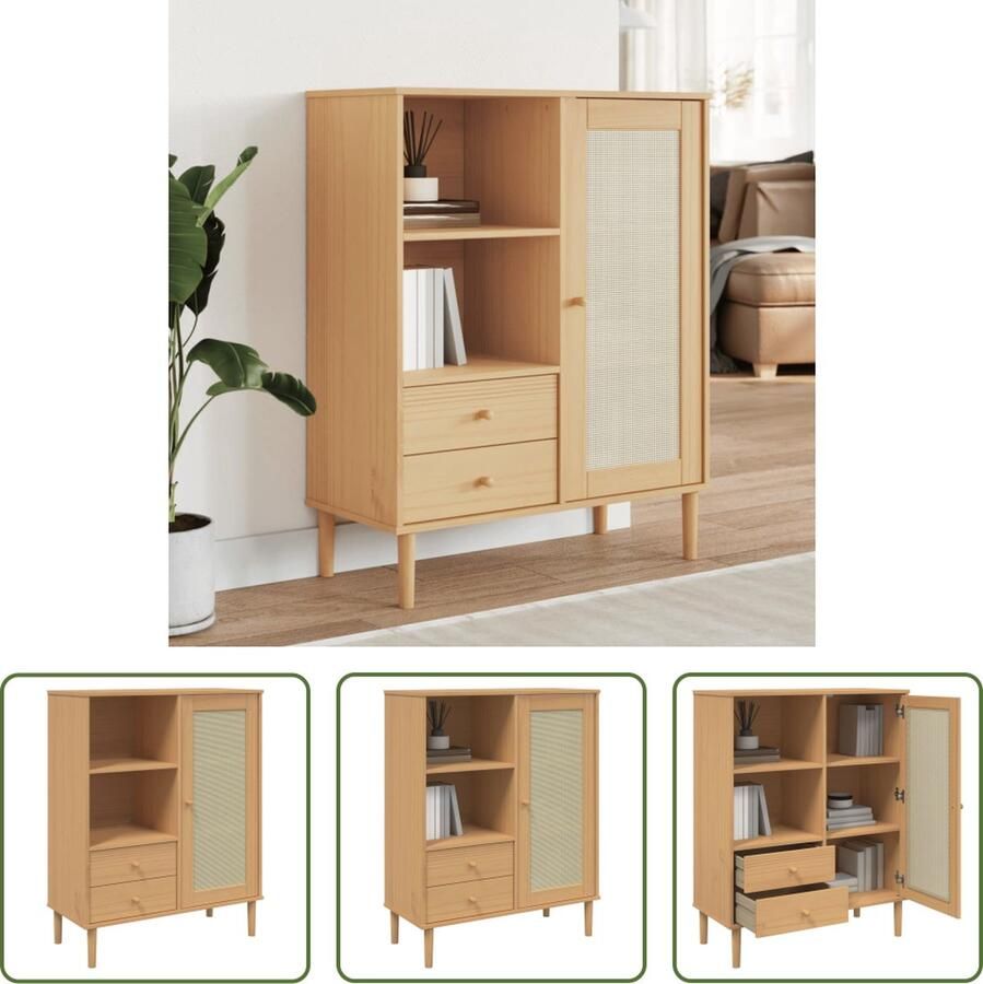 The Living Store Hoge kast SENJA rattan-look 90x40x112 cm grenenhout bruin Hoge Kast Opbergkast Houten Kast Bruine Kast Grenenhouten Kast