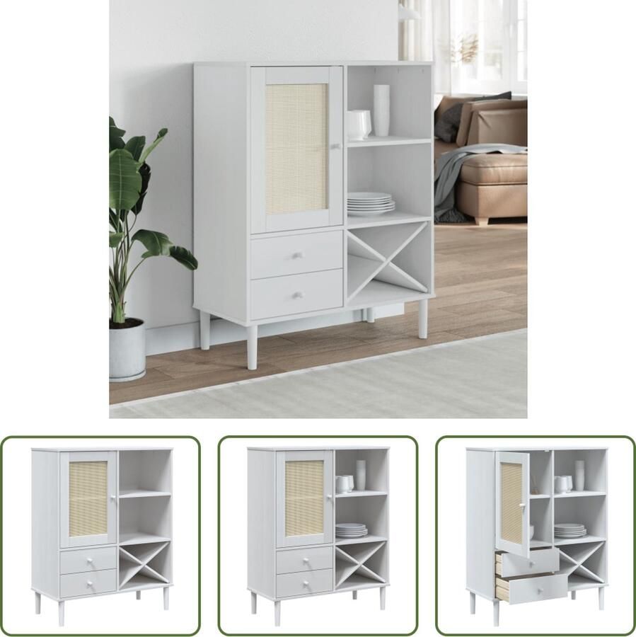 The Living Store Hoge kast SENJA 90x40x112 cm rattan look massief grenenhout wit Hoge Kast Houten Kast Grenenhout Kast Opbergkast Tv Kast