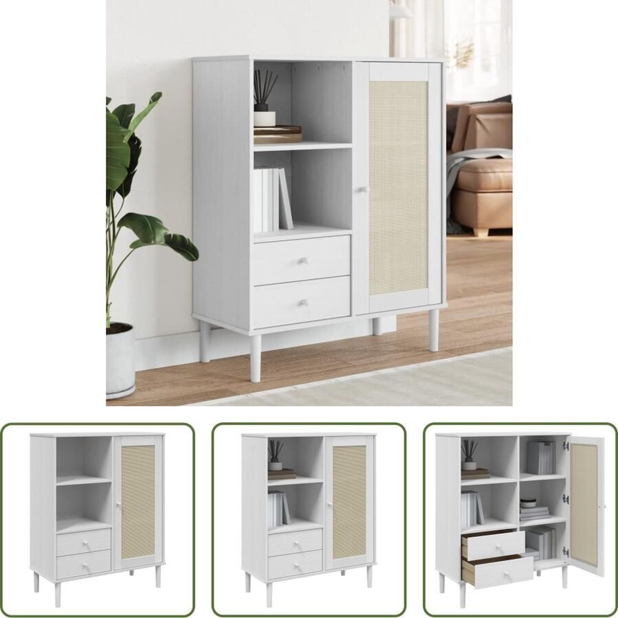 VidaXL Vitrineskast Hoge Kast Hoge kast SENJA rattan-look 90x40x112 cm massief grenenhout wit Grenoblehouten Kast Witte Kast Vintage Kast