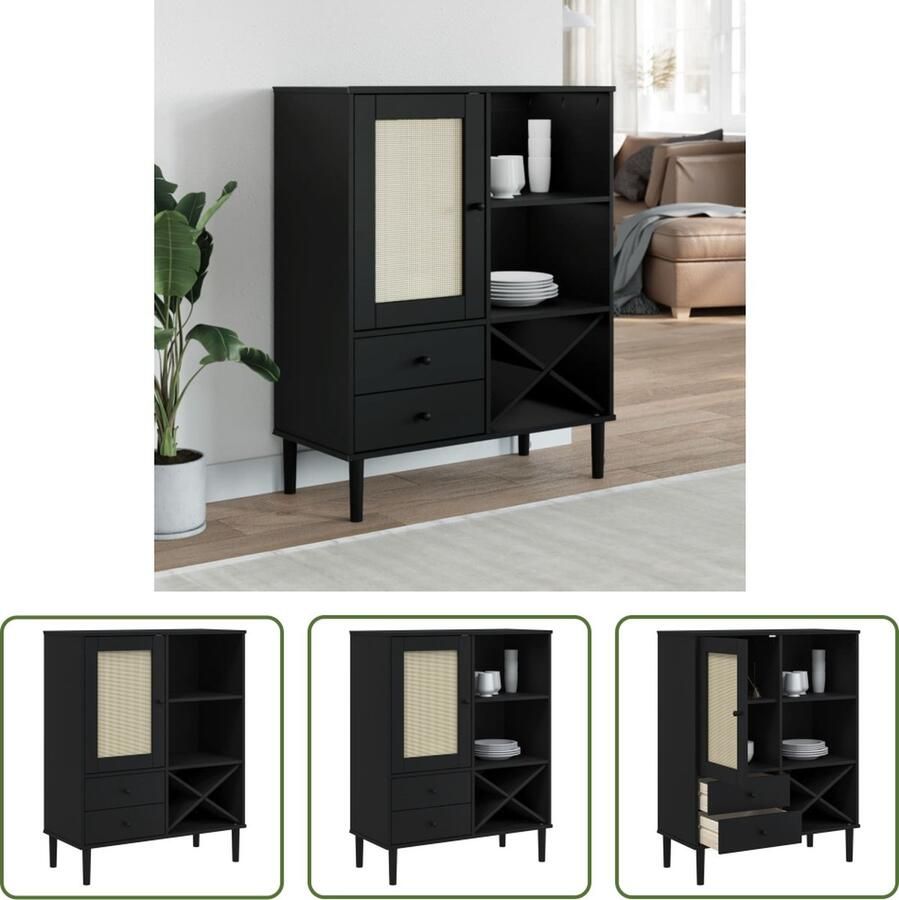 The Living Store Hoge kast SENJA 90x40x112 cm rattan look grenenhout zwart Hoge Kast Tv Kast Opbergkast Salontafel Livingroom Furniture