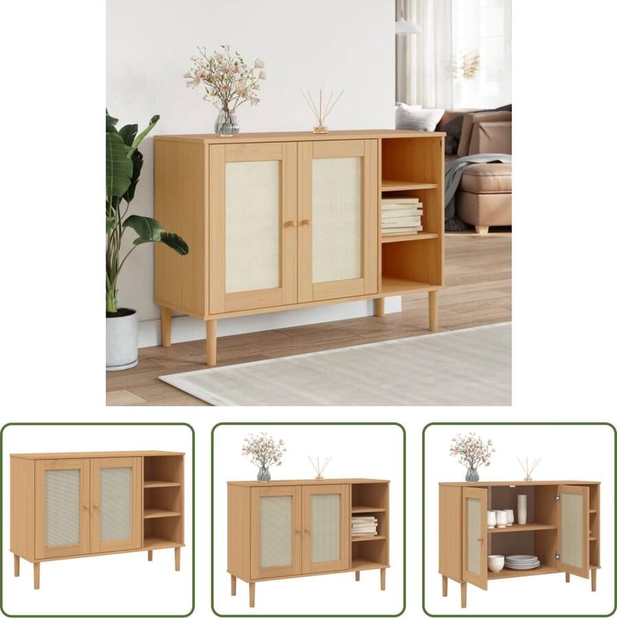 The Living Store Dressoir SENJA 112x40x80 cm rattan massief grenenhout bruin Dressoir Houtsoort Vintage Landelijk Wonen Opbergmeubilair