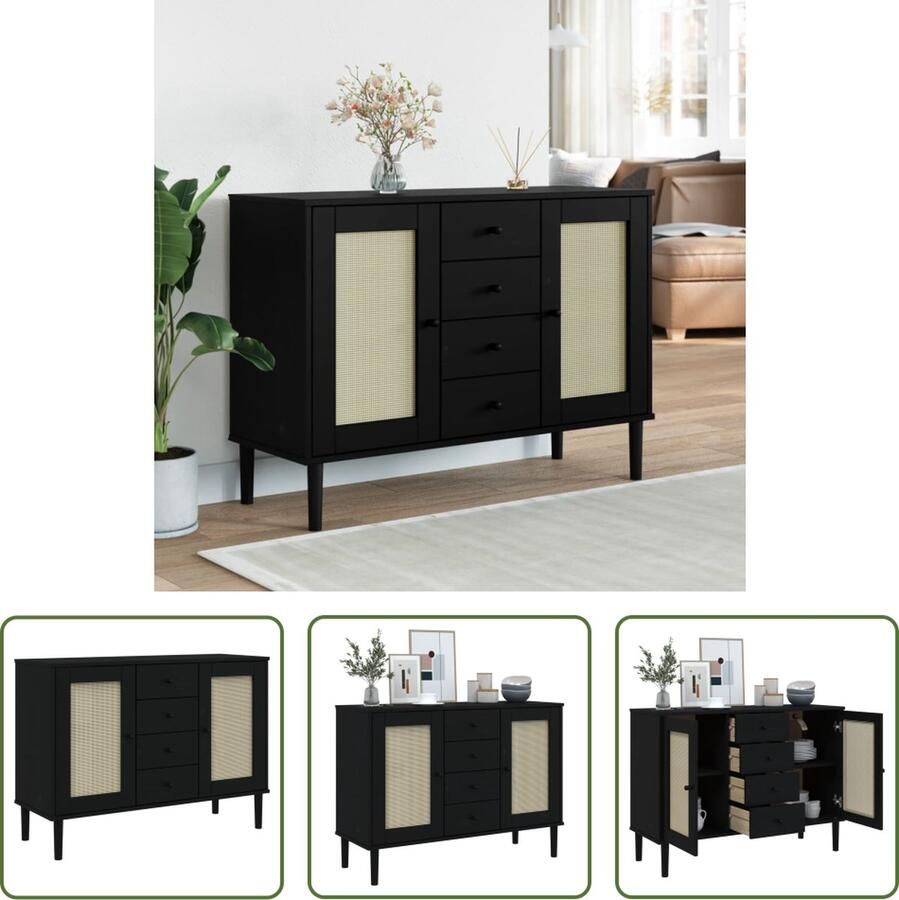 The Living Store SENJA Houten Dressoir 112 x 40 x 80 cm Massief grenenhout UV-vernis Rattan uitstraling