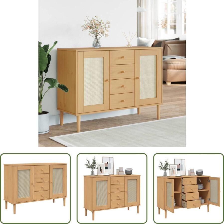 The Living Store Dressoir SENJA rattan-look 112x40x80 cm grenenhout bruin Dressoir Houten Dressoir Bruine Dressoir Vintage Dressoir Landelijke Dressoir - Foto 2