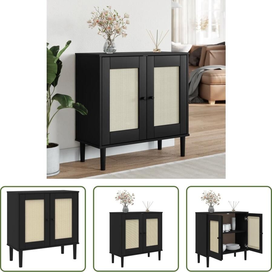 The Living Store SENJA Houten Dressoir 80 x 35 x 80 cm Zwart Massief Grenenhout met UV-Vernis Poly Rattan Front Met Opbergruimte