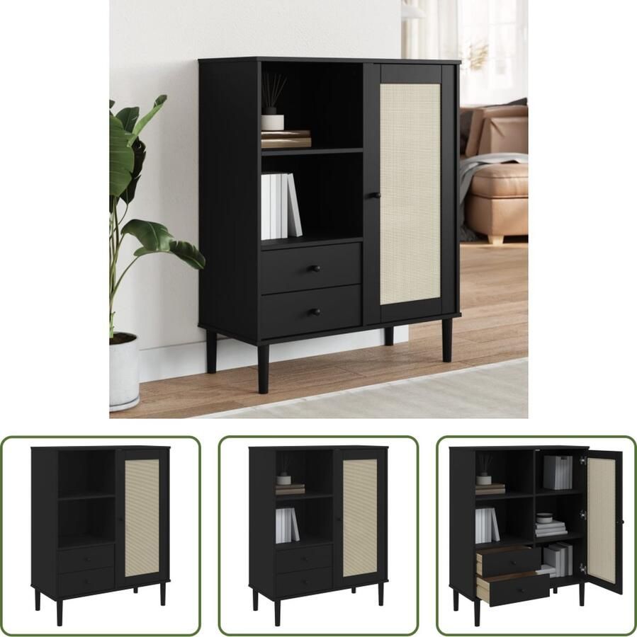 The Living Store Hoge kast SENJA rattan-look 90x40x112 cm grenenhout zwart Hoge Kast Wandkast Houten Kast Opbergkast Grenenhout