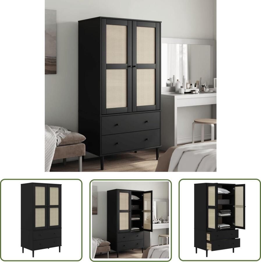 The Living Store SENJA Kledingkast 90 x 55 x 175 cm Massief grenenhout UV-vernis Rattan uitstraling