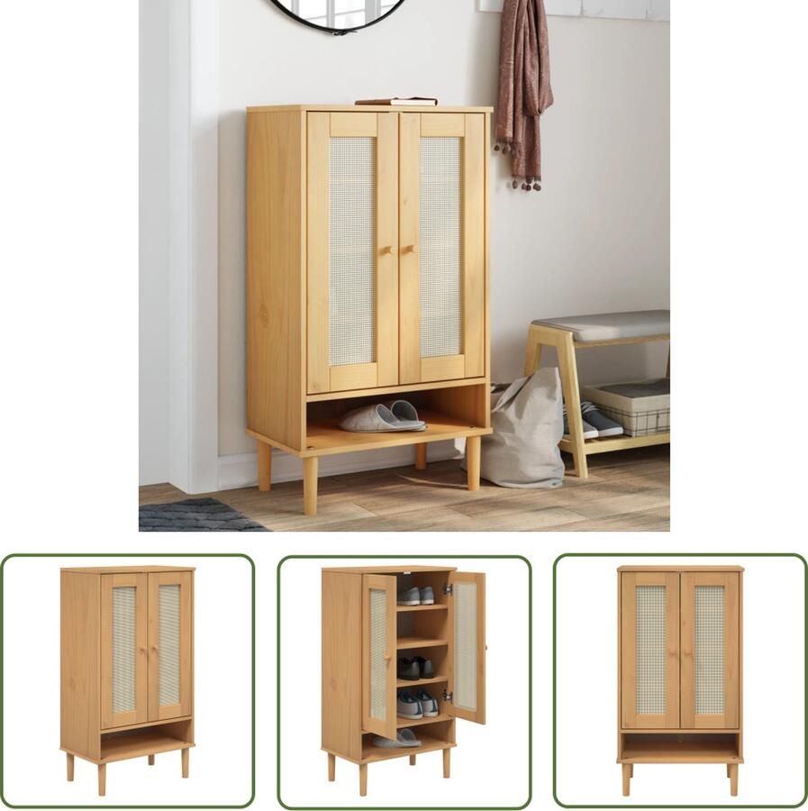 The Living Store SENJA Schoenenkast 59.5 x 35 x 107 cm Massief grenenhout met uv-vernis Poly rattan Bruin