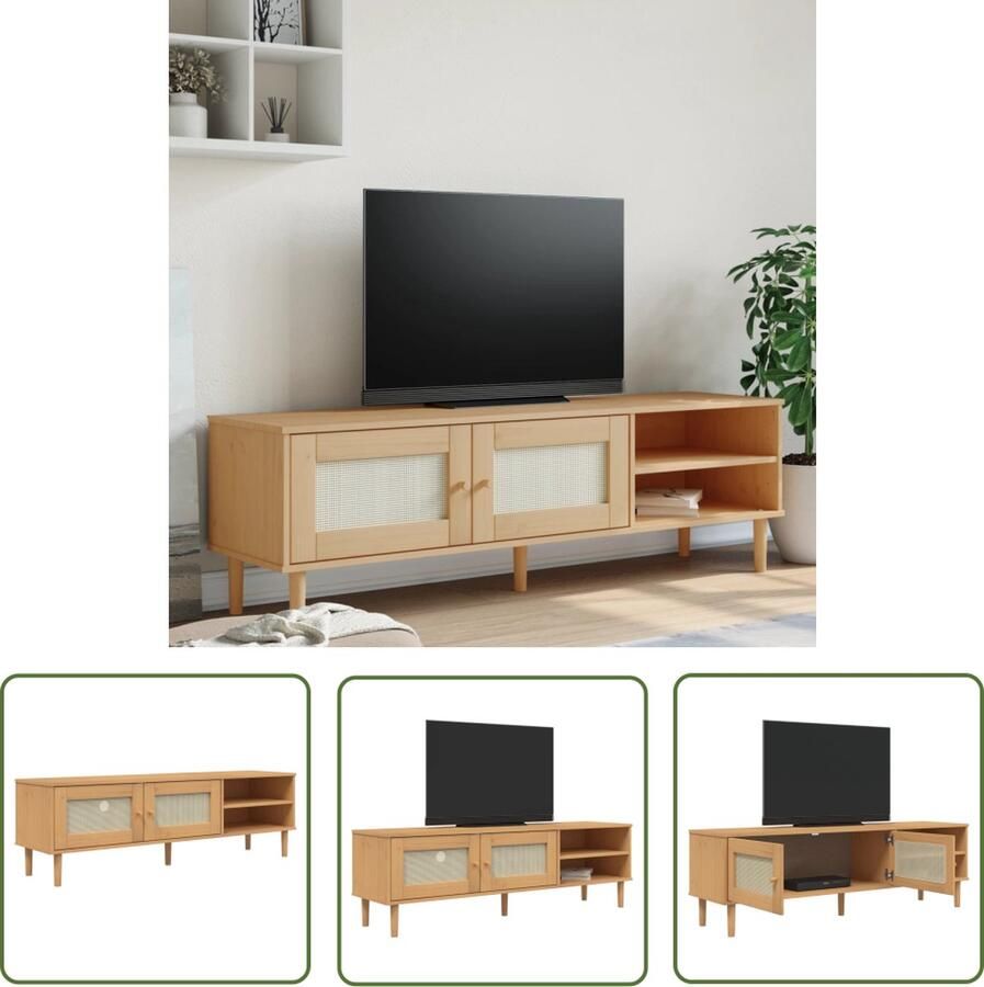 The Living Store SENJA TV-kast 158 x 40 x 49 cm Bruin Massief grenenhout UV-vernis Poly rattan Met opbergruimte Tv-kast Houten Tv-kast Salontafel Livingroom Meubilair Rustic Tv Stand - Foto 2