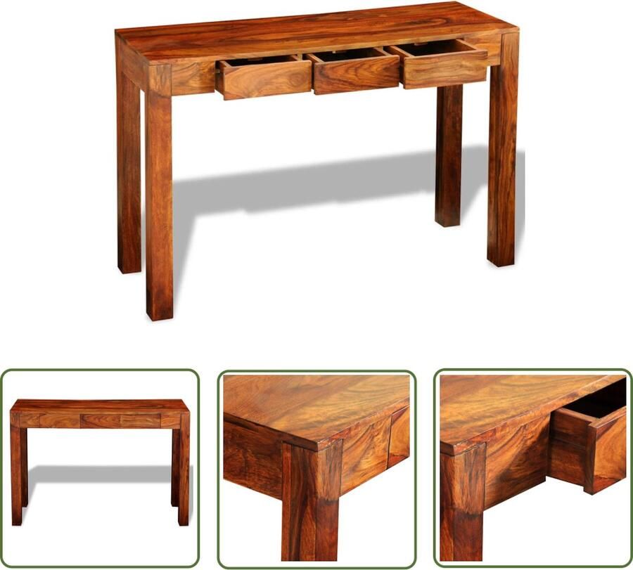 The Living Store Sheesham Wandtafel 120 x 40 x 80 cm Bruin Met 3 lades - Foto 2