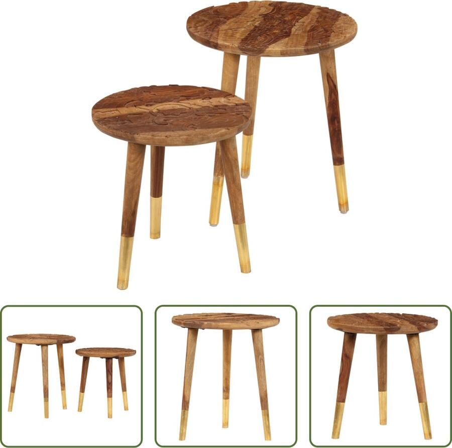 The Living Store Sheeshamhouten Salontafels Set van 2 40 x 40 x 45 cm 35 x 35 x 37 cm Met Graveringen Salontafel Sheeshamhouten Tafel Houten Salontafel Vintage Salontafel Bijzettafel - Foto 3