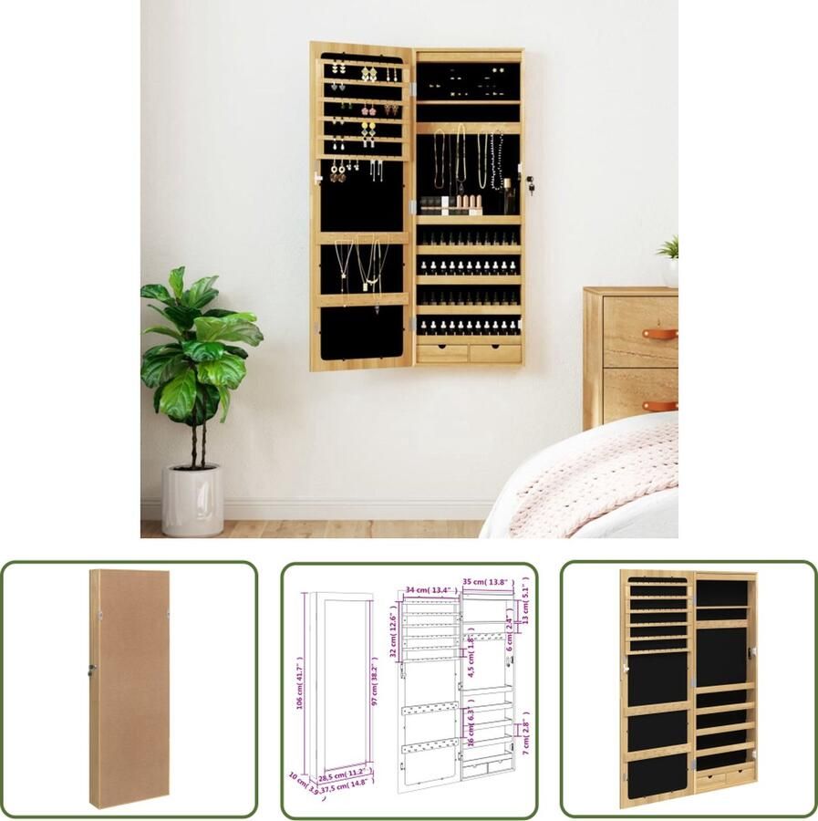 The Living Store sieradenkast met LED-verlichting 37.5 x 10 x 106 cm Duurzaam bewerkt hout Sieraden Kast LED Verlichting Sieradenschrank Juwelen Organizer Houten Sierenkast - Foto 2