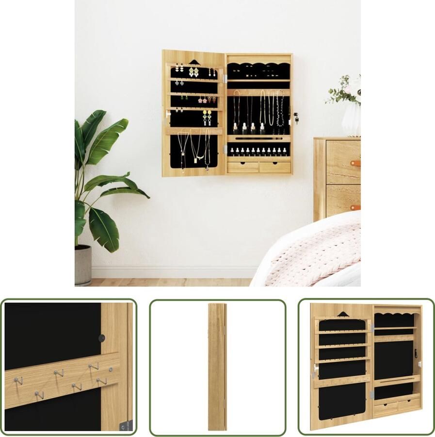 The Living Store Sieradenkast met spiegel Bewerkt hout 37.5 x 10 x 67 cm Afsluitbaar Sieradenkast Sieradenschrank Juwelenkoffer Spiegeltje Badkamermeubel - Foto 2