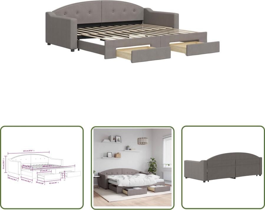 The Living Store Slaapbank met onderschuifbed en lades 90x200 cm stof taupe Slaapbank Tweepersoons Bed Kanapé Bed Sofa Bed Boxspring - Foto 2