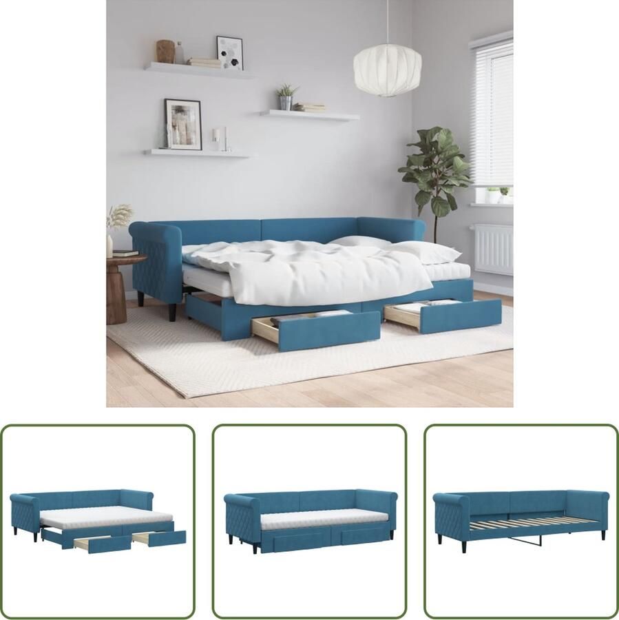 The Living Store Slaapbank met onderschuifbed en lades 80x200 cm fluweel blauw Slaapbank Sofa Bed Zweefdeur Boxspring Lounge Meubilair - Foto 2