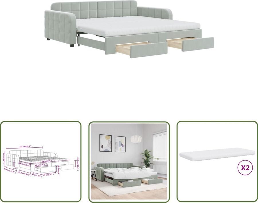 The Living Store Slaapbank 2-in-1 Lichtgrijs Fluwelen Slaapbank met Onderschuifbed 223x212.5x71cm Met Schuimmatras en Bedlade Slaapbank Tweepersoonsbed Fluweelslaapbank Grijs Meubilair Lounge Sofa Bed