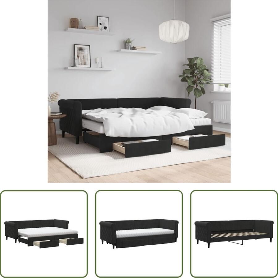 The Living Store Slaapbank 2-in-1 met onderschuifbed Fluweel 229x90x68 cm Zwart Slaapbank Tweepersoonsbed Onderschuifbed Lounge Sofa Multifunctioneel Meubilair