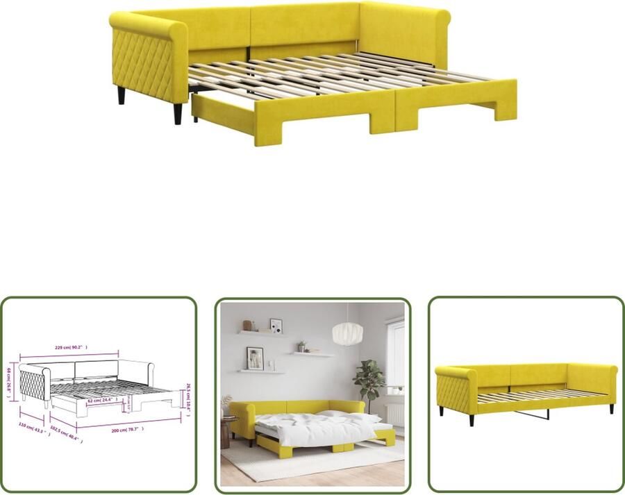 The Living Store Slaapbank 2-in-1 Slaapbank met Onderschuifbed 229 x 110 x 68 cm Fluwelen Geel Matras 100 x 200 cm Montage Vereist