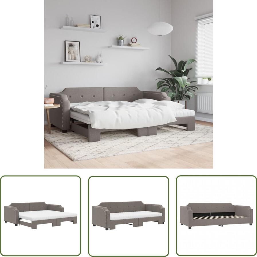 The Living Store Slaapbank met onderschuifbed en matrassen 100x200 cm stof taupe Slaapbank Tweepersoonsbed Sofa Bed Taupe Meubels Designmeubelen - Foto 2