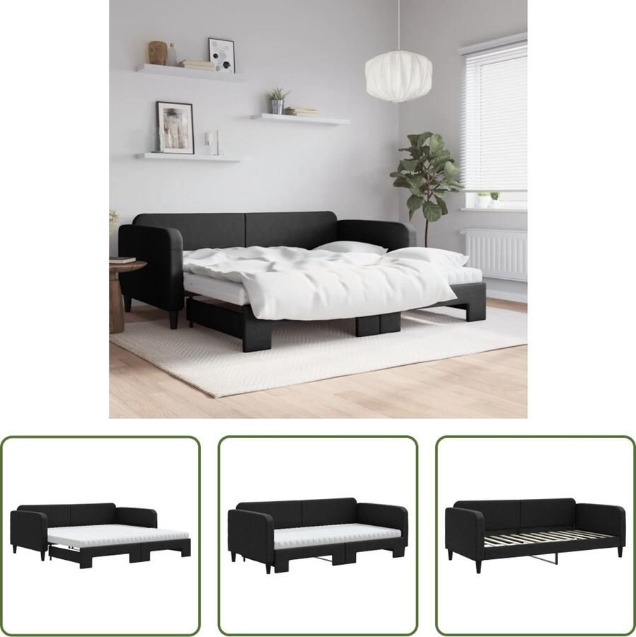 The Living Store Slaapbank met onderschuifbed en matrassen 100x200 cm stof zwart Slaapbank Sofa Bed 2 Persoons Bed Zithoek Guest Bed