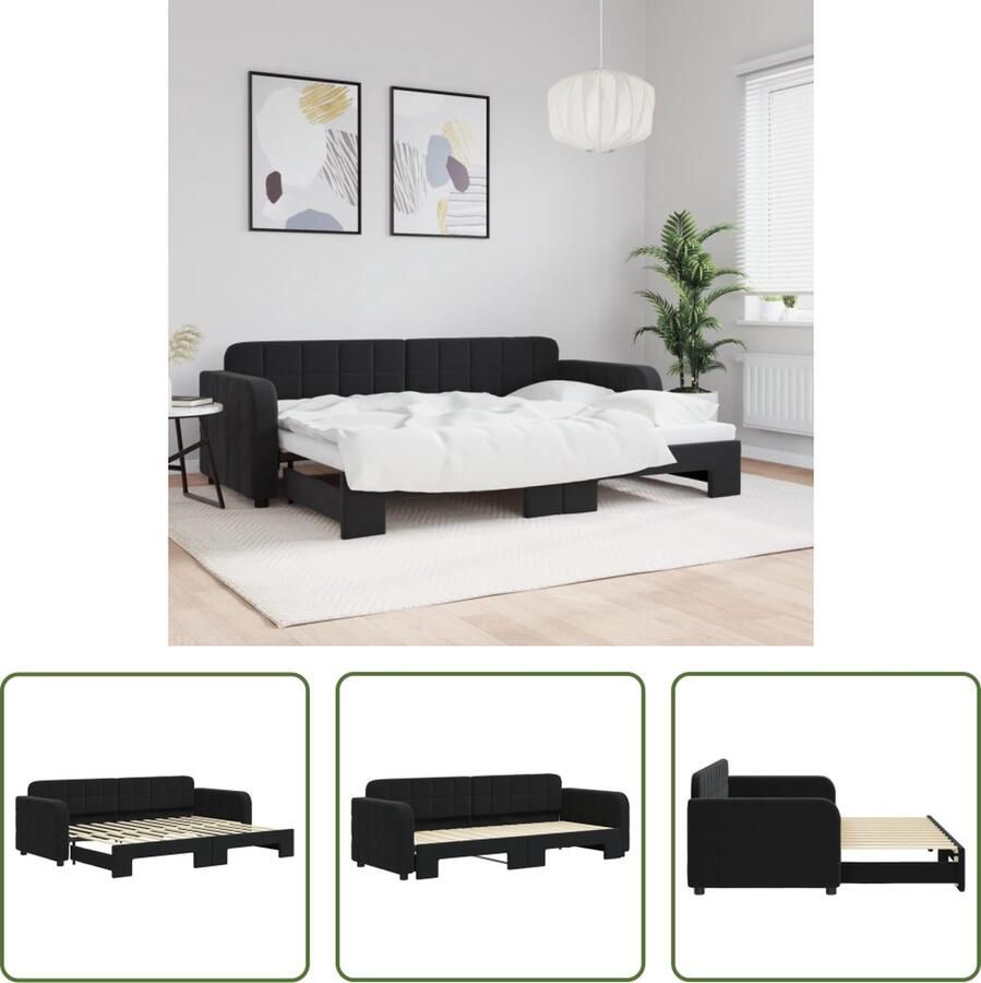 The Living Store Slaapbank met onderschuifbed 80x200 cm fluweel zwart Slaapbank Tweepersoonsbed Sofa Bed Zitmeubel Lounge Meubilair