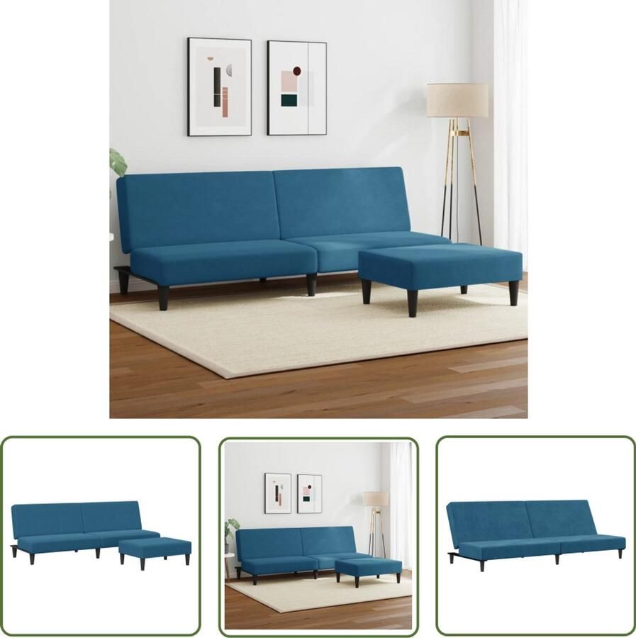 The Living Store Slaapbank 2-zits met voetenbank fluweel blauw Slaapbank Sofa Bed Kanaps Lounge Meubels Eetkamerstoel