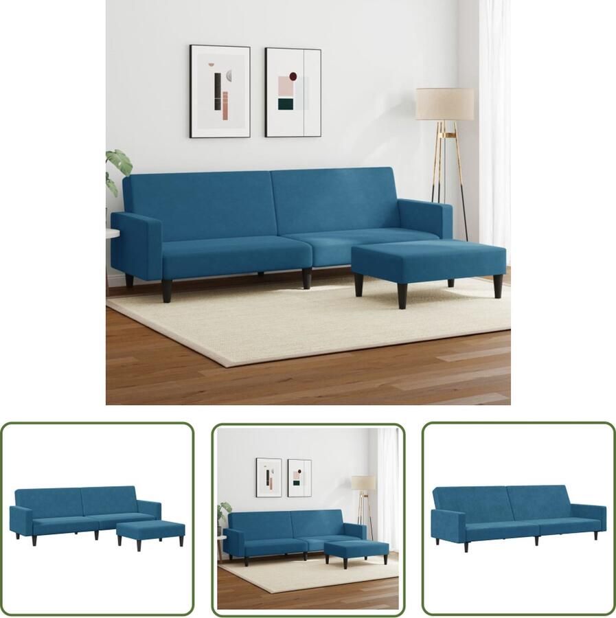 The Living Store Slaapbank 2-zits met voetenbank fluweel blauw Slaapbank Sofa Bed Zweefstoel Lounge Stoel Relaxfauteuil