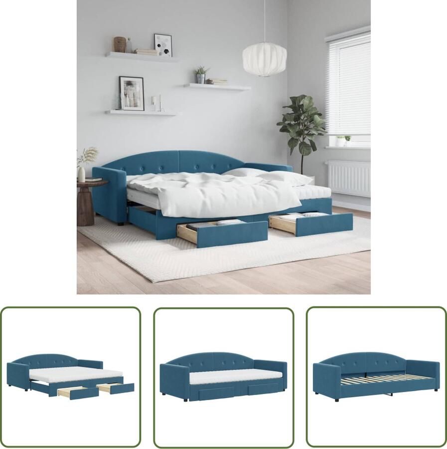 The Living Store Slaapbank Belvita 2-in-1 Bed Bank Blauw 222x100x75 cm Inclusief 2 Matrassen 2 Laden Slaapbank Tweepersoonsbed Sofa Bed Fluweelsofa Boxspring