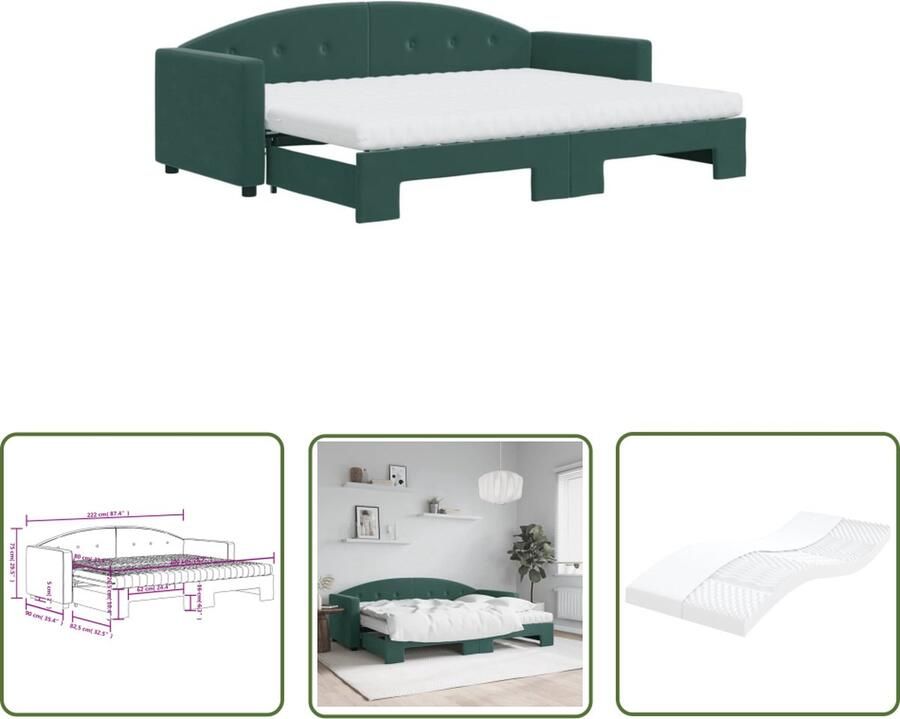 The Living Store Slaapbank Donkergroen 222 x 172.5 x 75 cm 2-in-1 Met Onderschuifbed en Matrassen Slaapbank Sofa Bed Tweepersoonsbed Donkere Kleuren Groene Meubels - Foto 2