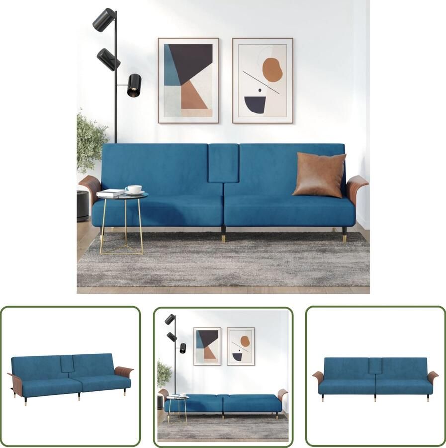 The Living Store Slaapbank Fluwelen Bank Verstelbare Rugleuning Comfortabele Zitplaats Inklapbare Theetafel Stevig en stabiel frame Metalen voetjes Blauw 224 x 89 x 70 cm - Foto 2