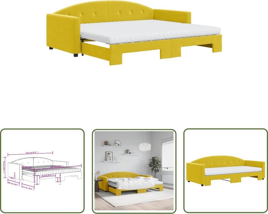The Living Store Slaapbank Geel Fluweel 222 x 100 x 75 cm 2-in-1 met Onderschuifbed en Matrassen