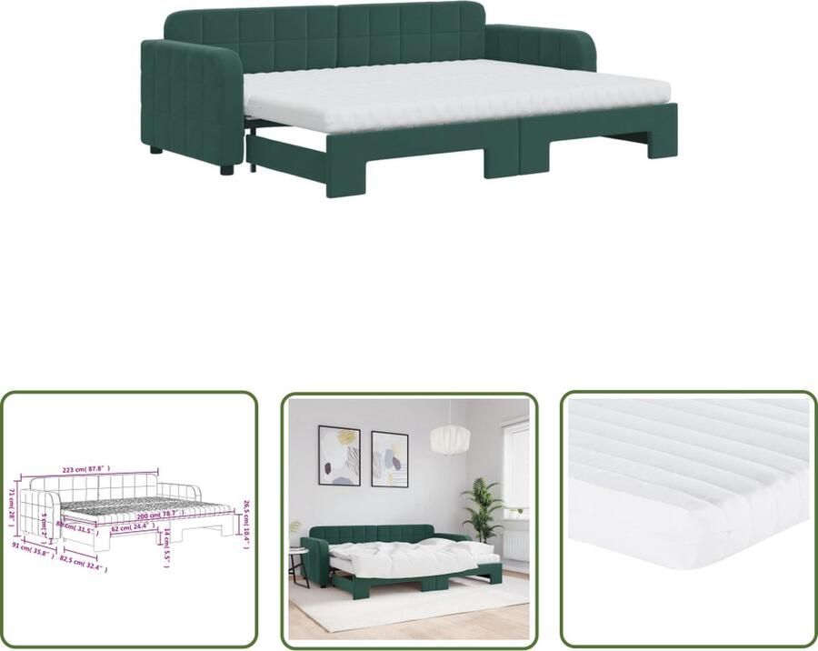 The Living Store Slaapbank Gotham Donkergroen 223 x 91 x 71 cm 2-in-1 met schuifbed Fluweel Slaapbank Sofa Bed Tweepersoonsbed Donkere Kleuren Fluweel Meubilair