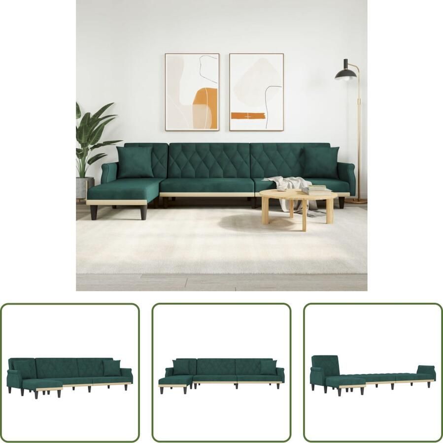 The Living Store Slaapbank L-Vormige Donkergroen Fluweel 271x140x70 cm Multifunctioneel Slaapbank Sofa Lounge Meubilair Donkere Kleuren - Foto 2