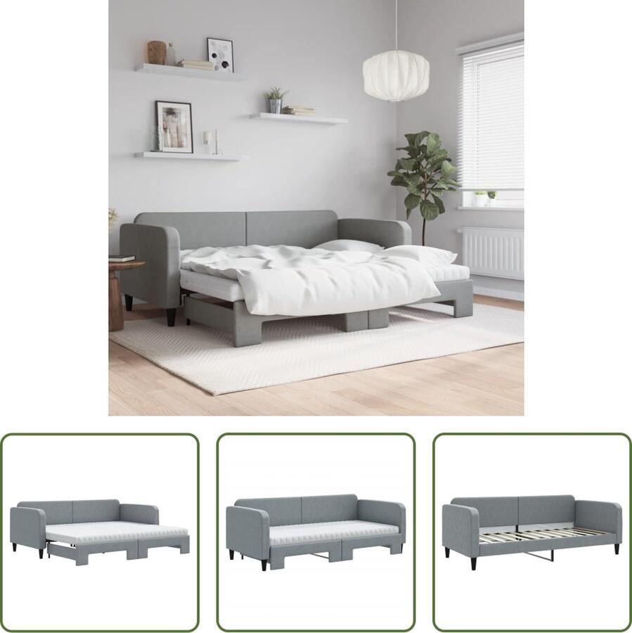 The Living Store Slaapbank onderschuifbed en matrassen 90x200 cm stof lichtgrijs Slaapbank Sofa Bed Tweepersoonsbed Boxspring Meubels