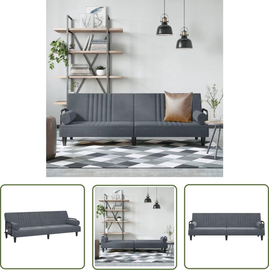 The Living Store Slaapbank Fluwelen Donkergrijs inklapbaar verstelbare rugleuning comfortabel zitgedeelte praktische rolkussens stevig multiplex frame Slaapbank Donkere Kleuren Velvet Meubilair Lounge Bank Tweepersoons Sofa - Foto 2