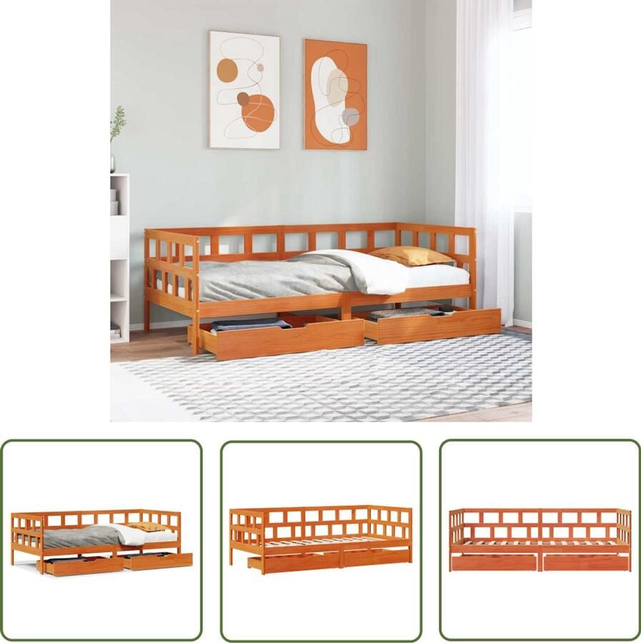 The Living Store Slaapbank met lades zonder matras 90x200 cm hout wasbruin Slaapbank Tweepersoonsbed Stapelbare Bedden Opberglade Houten Bed