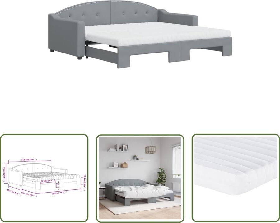 The Living Store Slaapbank met onderschuifbed 213 x 100 x 75 cm Lichtgrijs Schuimmatras included Slaapbank Sofa Bed Tweepersoonsbed Comfortabel Matras Grijs Meubilair - Foto 2