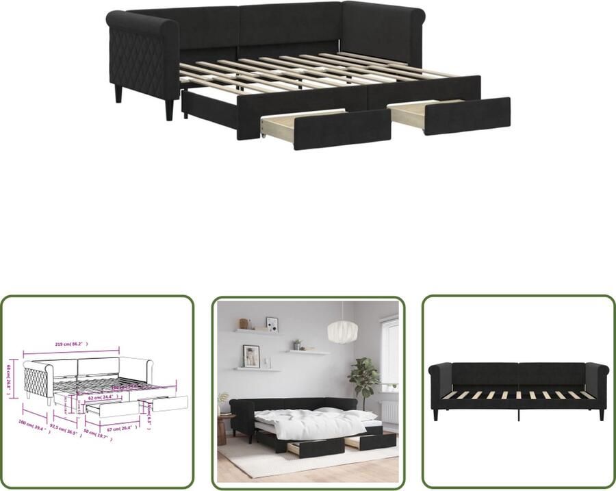 The Living Store Slaapbank met onderschuifbed 219x100x68cm Zwart fluweel