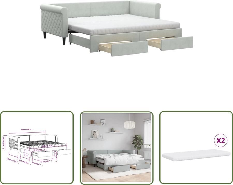 The Living Store Slaapbank met onderschuifbed 219x192.5x68cm Lichtgrijs Fluweel 2-in-1 bank en bed Opberglades Schuimmatras