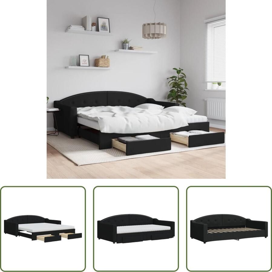 The Living Store Slaapbank met onderschuifbed 223 x 110 x 75 cm Zwarte stof Schuimmatras 2 lades Slaapbank Sofa Bed Tweepersoonsbed Boxspring Onderbed