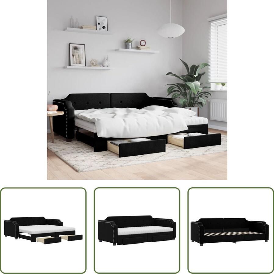 VidaXL Slaapbank met onderschuifbed en lades 100x200 cm stof zwart Slaapbank Met Onderschuifbed Slaapbanken Met Onderschuifbedden Slaapbank Logeerbed