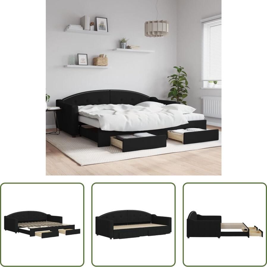 VidaXL Slaapbank met onderschuifbed en lades 90x200 cm stof zwart Slaapbank Sofa Bed Tweepersoonsbed Opvouwbare Bedden Boxspring