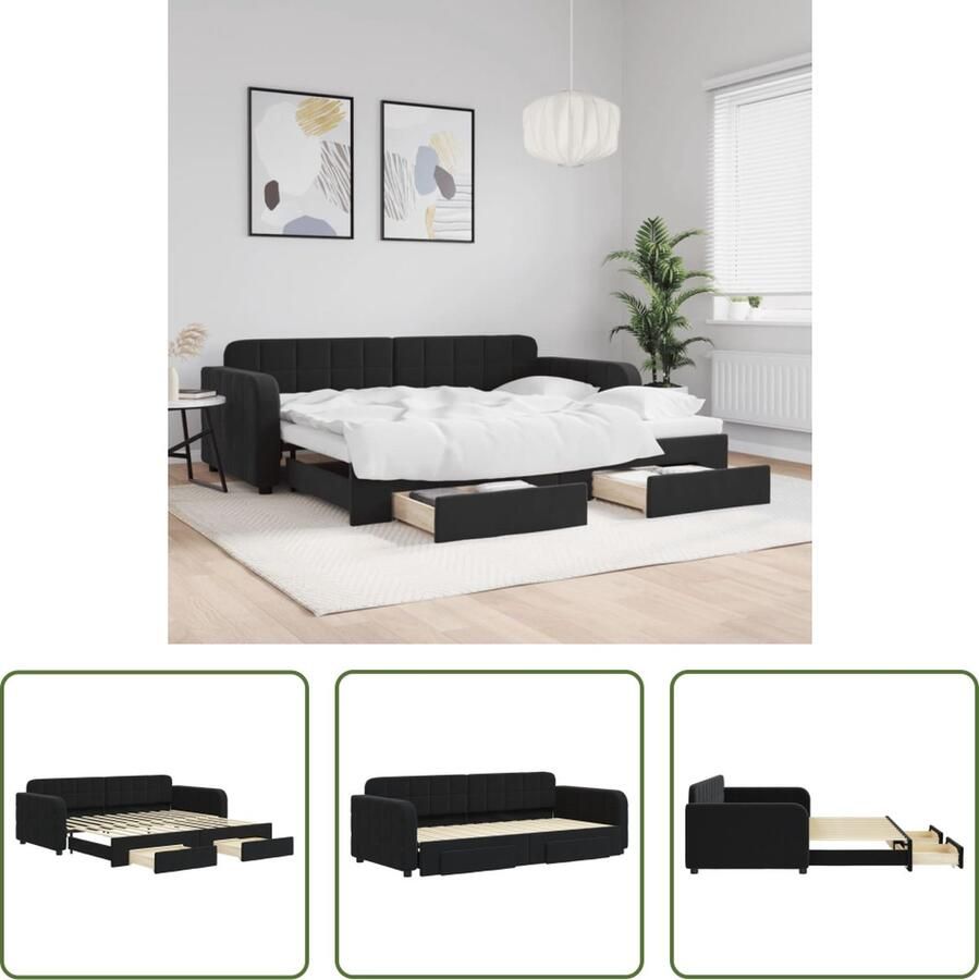 The Living Store Slaapbank met onderschuifbed en lades 90x200 cm fluweel zwart Slaapbank Sofa Bed Tweepersoonsbed Zwarte Meubels Lounge Furniture