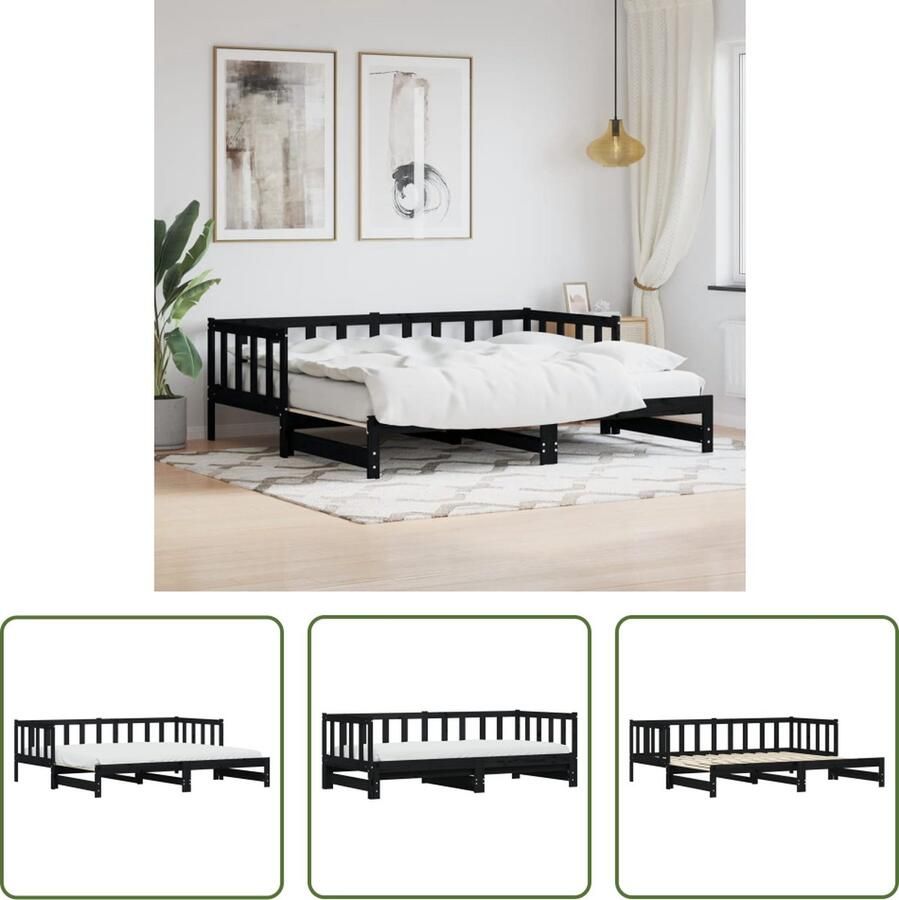 The Living Store Slaapbank met onderschuifbed Massief grenenhout Uitschuifbaar Zwart 90 x 200 cm Slaapbank Logeerbed Bankslaapzaak Tweepersoonsbed Stapelbed