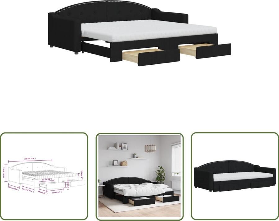 The Living Store Slaapbank met onderschuifbed Bank en Bed Opbergruimte Schuimmatras Duurzame stof Zwart 223 x 100 x 75 cm 90 x 200 x 10 cm - Foto 2