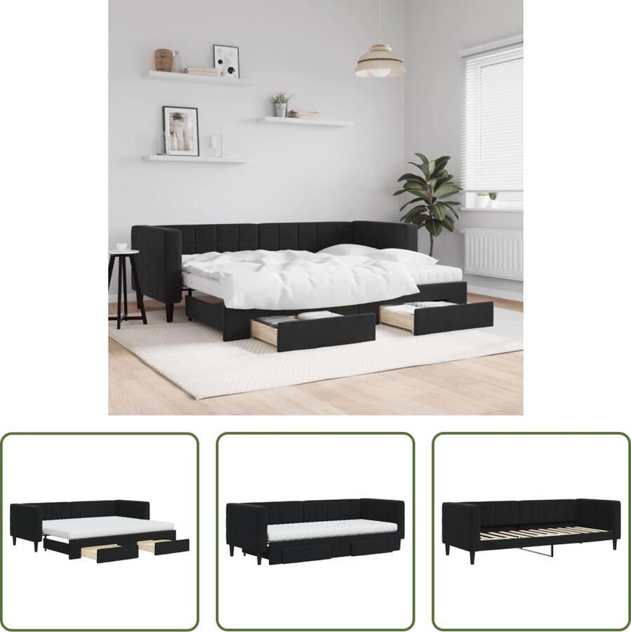 The Living Store Slaapbank met onderschuifbed Bank en bed Veelzijdig 2 lades Schuimmatras Fluweel Zwart 223x90x68 cm Slaapbank Sofa Bed Tweepersoonsbed Boxspring Onderkast