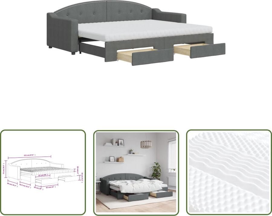 The Living Store Slaapbank met onderschuifbed Donkergrijs 223 x 172.5 x 75 cm 2x schuimmatras 2x bedlade Slaapbank Donkere Grijze Slaapbank Tweepersoons Slaapbank Onderschuifbed Boxspring - Foto 2